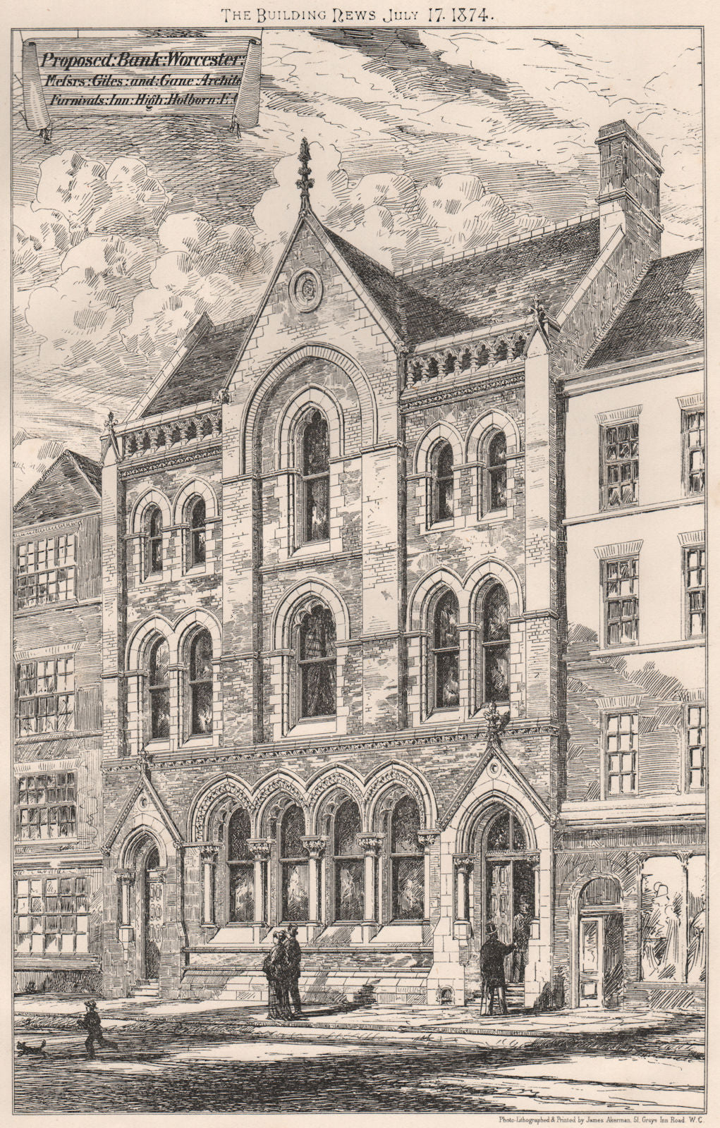 Proposed bank, Worcester; Giles & Gane Architect. Worcestershire 1874 print